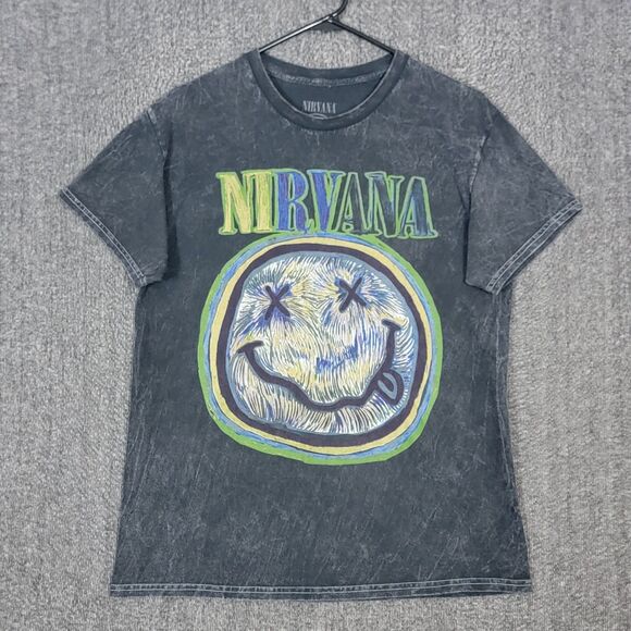 Nirvana T-Shirt Mens M Gray & Green Nevermind Smiley Face Short Sleeve Crewneck - Picture 1 of 9